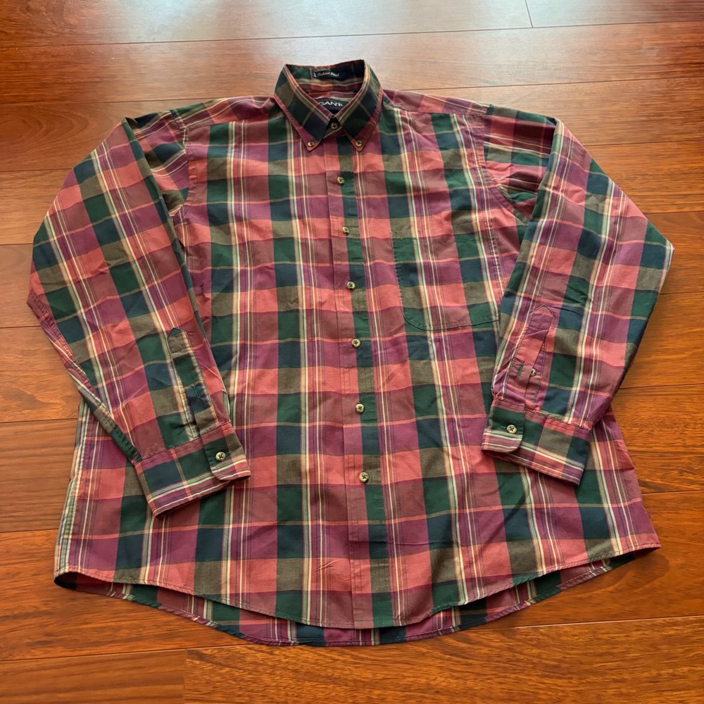 Gant Vintage Foxhunt Plaid Button Down Shirt Burgundy Green Cotton Blend Large